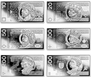 Rewers srebrnych monet z polskimi banknotami obiegowymi